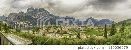Panoramic view over Riva del Garda, Northern Lake Garda, Italy 119036979