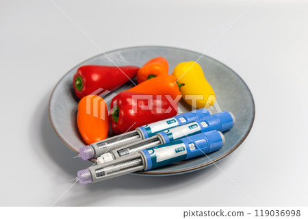 Ozempic Insulin injection pen for diabetics and weight loss and plate of vegetables 119036998