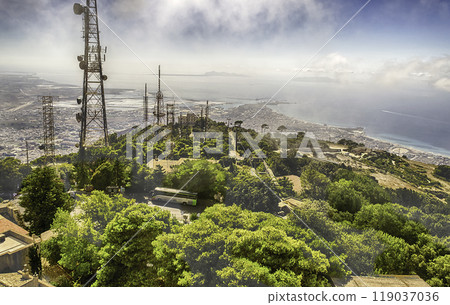 Aerial view over Trapani and Aegadian Islands, Sicily, Italy 119037036