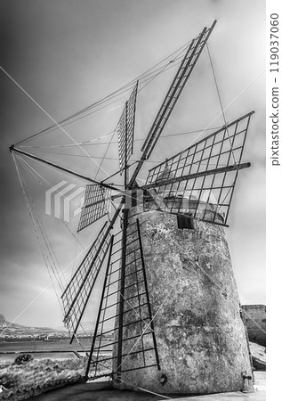 Old windmill for salt production, Sicily, Italy 119037060