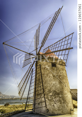 Old windmill for salt production, Sicily, Italy 119037061