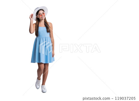 teen girl in summer dress isolated on white, copy space banner. teen girl in summer dress at studio. 119037205