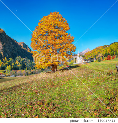 Amazing autumn landscape at Heiligenblut with St Vincent Church near Grossglockner mount . Amazing autumn landscape at Heiligenblut with St Vincent Church near Grossglockner mount . 119037253
