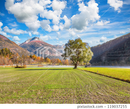 Fabulous autumn landscape  at Obervellach village near Tauern Tunnel. 119037255