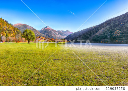 Astonishing autumn landscape  at Obervellach village near Tauern Tunnel. 119037258