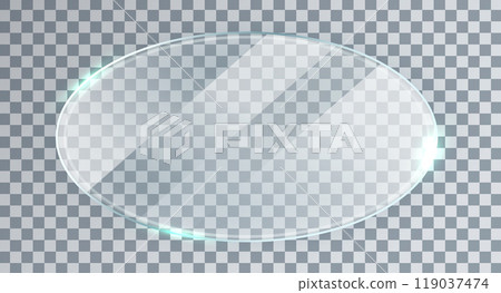 Glass oval frame. Bright mirror panel. Glossy screen effect texture. Plastic plate mockup. Digital border. Clear button. Window tag and badge. Shiny framework. Light banner. Vector illustration 119037474