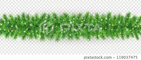 Christmas tree garland border. Green fir branches with golden stars, glitter light banner. Winter Holiday background. New Year card. Xmas evergreen pine plant. String baubles. Vector illustration 119037475