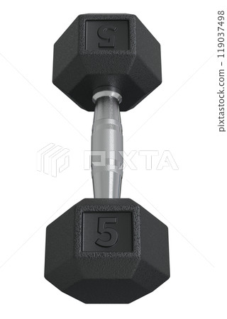 Hex Dumbbell with number 5, weightlifting gym equipment top view 119037498