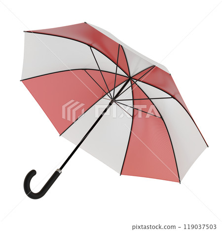 Open red and white umbrella with black handle, isolated on white background Open red and white umbrella with black handle, isolated on white background 119037503