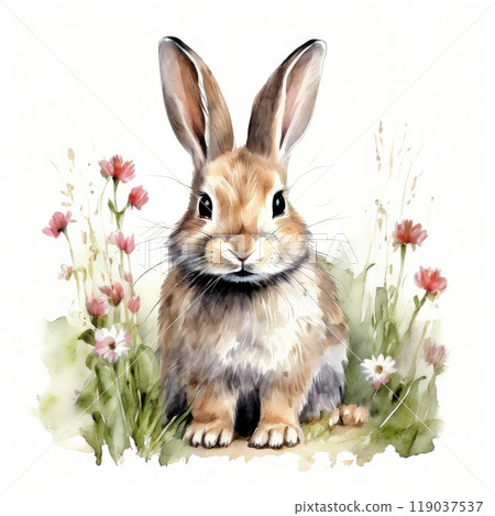 Watercolor illustration of a charming bunny sitting on floral meadow. 119037537