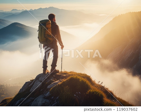 Hiker on the mountain top looking at the foggy valley. 119037602