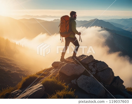 Hiker on the mountain top looking at the foggy valley. 119037603