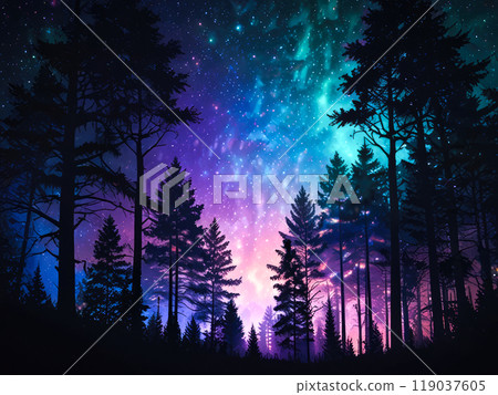 Aurora Borealis northern lights above forest. 119037605
