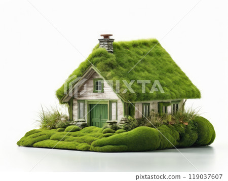 Environmentally friendly housing concept. Miniature house made from moss. Environmentally friendly housing concept. Miniature house made from moss. 119037607