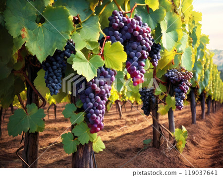 Close up of grapes hanging on branch. Grape farming. 119037641
