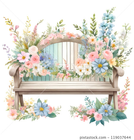 Watercolor painting of the wooden bench surrounded by delicate flowers. 119037644