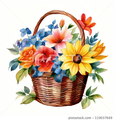Bright flowers in a basket. Watercolor illustration. Bright flowers in a basket. Watercolor illustration. 119037689