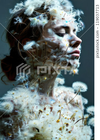 Human body covered in the fluffy dandelion seeds. Human body covered in the fluffy dandelion seeds. 119037713