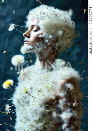 Human body covered in the fluffy dandelion seeds. Human body covered in the fluffy dandelion seeds. 119037714