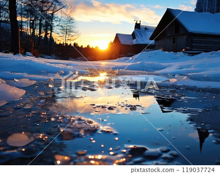Melting ice in puddle close up. 119037724