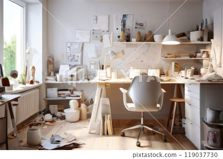 Messy workroom interior illuminated by sunlight. Messy workroom interior illuminated by sunlight. 119037730