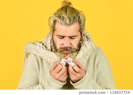 coughing blood. pneumonia. sick man hold napkin with blood. sickness allergy concept. ill man with bloody cough. male tuberculosis problem. Lung Cancer Symptoms. coronavirus from china 119037754