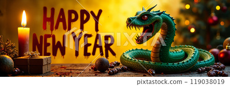 Green snake with a candle behind it. Green snake with a candle behind it. 119038019