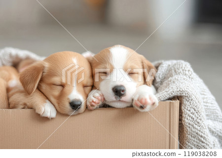 Cute puppies peeking out of a cardboard box 119038208