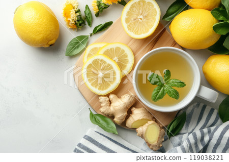 Cup of ginger lemon tea with fresh lemons, ginger root, and mint leaves 119038221