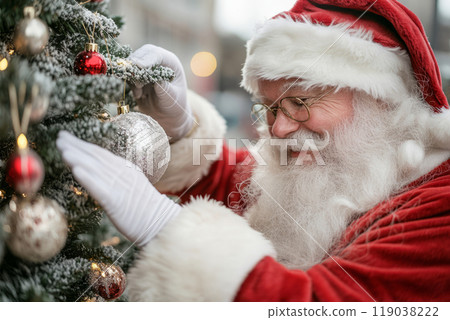 Santa Claus carefully places colorful ornaments on a Christmas tree Santa Claus carefully places colorful ornaments on a Christmas tree 119038222