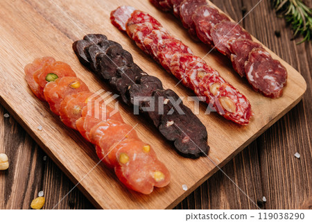 Close-up of sliced salami with nuts, gourmet meat textures and flavors, charcuterie boards Close-up of sliced salami with nuts, gourmet meat textures and flavors, charcuterie boards 119038290