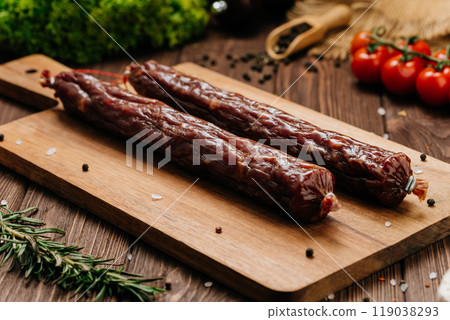 Smoked salami sticks on a wooden board with herbs, perfect for charcuterie boards and gourmet snacks Smoked salami sticks on a wooden board with herbs, perfect for charcuterie boards and gourmet snacks 119038293