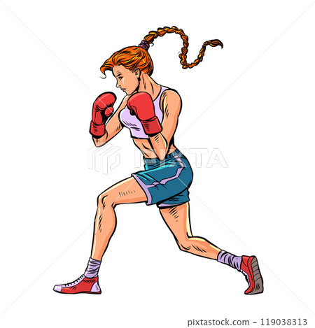 Female boxer at competitions. Sports training in the gym. Healthy lifestyle and maintaining your figure. Female boxer at competitions. Sports training in the gym. Healthy lifestyle and maintaining your figure. 119038313