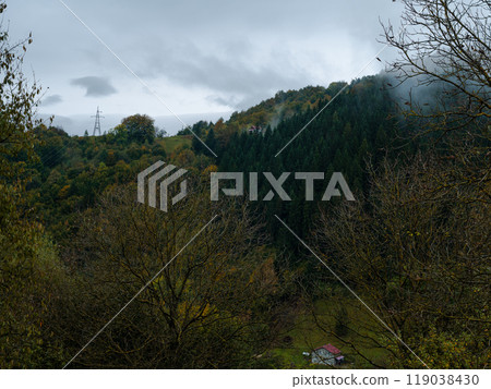 Village Transcarpathia region scenic Carpathian mountains view Ukraine Europe Autumn countryside landscape Lush foliage 119038430