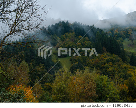 Village Transcarpathia region scenic Carpathian mountains view Ukraine Europe Autumn countryside landscape Lush foliage 119038433