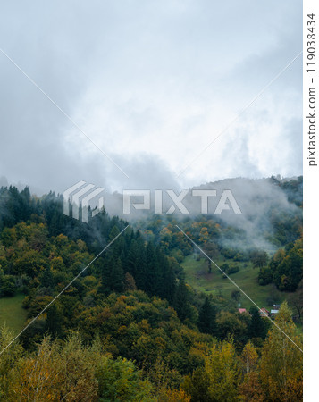 Village Transcarpathia region scenic Carpathian mountains view Ukraine Europe Autumn countryside landscape Lush foliage 119038434