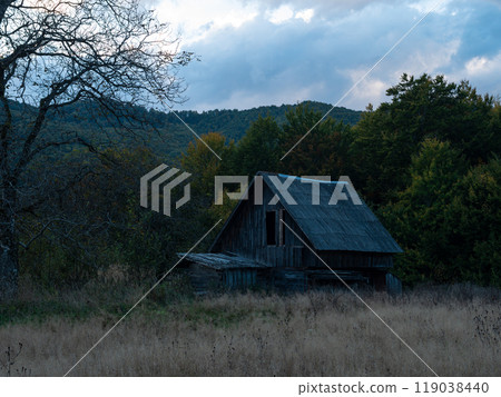 Village in Transcarpathia region scenic Carpathian mountains view Ukraine Europe Autumn countryside landscape Evening 119038440