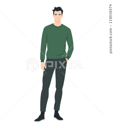 Vector illustration of a man in a dark green sweater and brown pants, emphasizing natural shades and a comfortable style for walking. 119038474