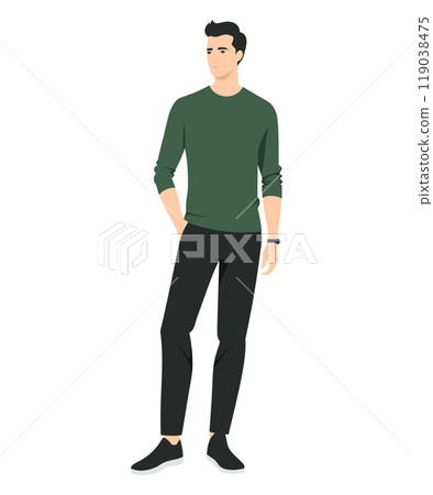 Vector illustration of a man in a dark green sweater and brown pants, emphasizing natural shades and a comfortable style for walking. 119038475