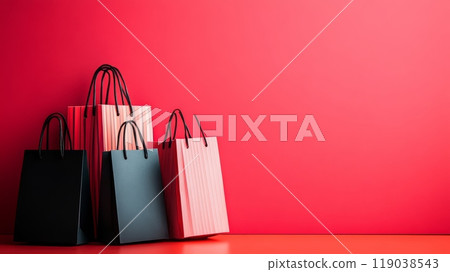 Elegant shopping bags on a vibrant red background, perfect for retail promotions with ample copy space. Black Friday sale concept with empty place for text 119038543