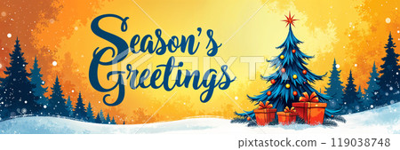 Season's Greetings with a Christmas tree and snowflakes. 119038748