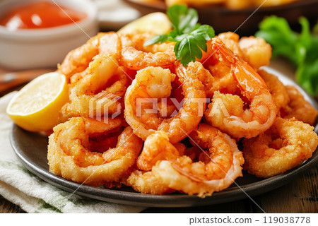 plate of Fritto Misto adorned with lemon and dipping sauce, inviting to enjoy 119038778