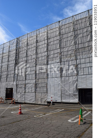 Scaffolding installed at construction site Scaffolding installed at construction site 119038951