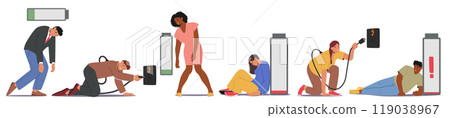Creative Image Showing Human Characters With Varying Energy Levels Depicted As Battery Icons Expressing Fatigue Creative Image Showing Human Characters With Varying Energy Levels Depicted As Battery Icons Expressing Fatigue 119038967