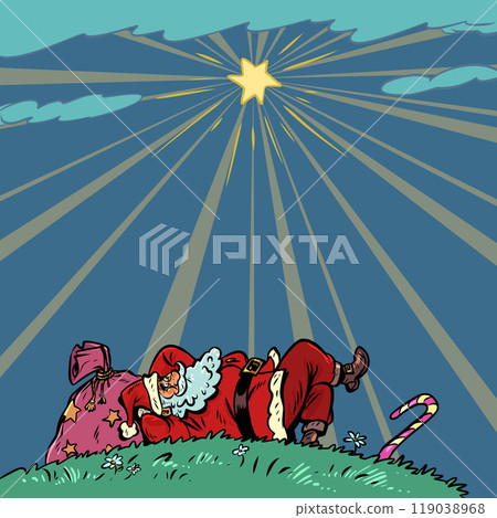 The holiday is coming, winter is near. New Year's Christmas night and time of gifts. Santa Claus lies and looks up. The holiday is coming, winter is near. New Year's Christmas night and time of gifts. Santa Claus lies and looks up. 119038968
