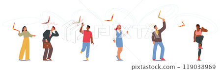 Group Of Characters Engaging In Boomerang Throwing Activity With Joyful Expressions Capturing Motion And Playfulness 119038969