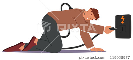 Tired Businessman Character Kneels While Plugging Into An Outlet To Recharge His Energy Symbolizing The Need For Rest 119038977