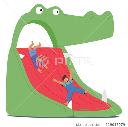 Two Happy Children Enjoy A Fun Day As They Slide Down Giant Crocodile-Themed Inflatable Attraction At A Park 119038979
