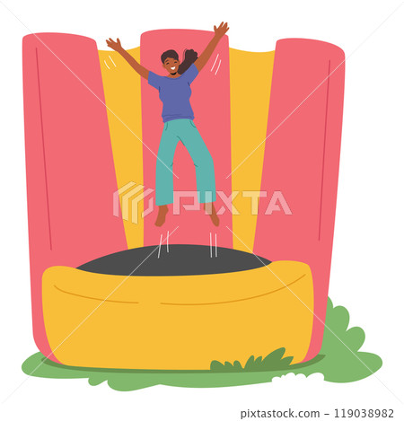 Cheerful Woman Enjoys Jumping On A Colorful Trampoline In A Fun And Playful Environment, Cartoon Vector Image 119038982