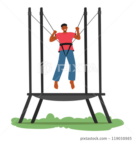 Joyful Man Enjoys Jumping On A Trampoline With A Secure Harness Outdoors. Cartoon Vector Image Captures Excitement 119038985